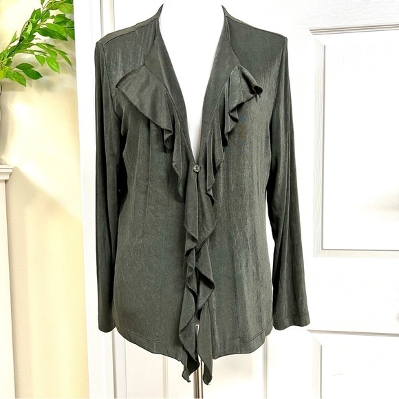 Travelers by Chico's Women's Large Stretch ruffles cardigans soft jersey Olive - Picture 1 of 8